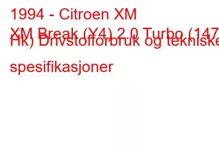 1994 - Citroen XM
XM Break (Y4) 2.0 Turbo (147 Hk) Drivstofforbruk og tekniske spesifikasjoner