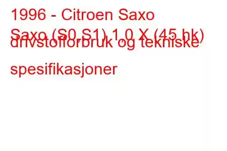 1996 - Citroen Saxo
Saxo (S0,S1) 1,0 X (45 hk) drivstofforbruk og tekniske spesifikasjoner