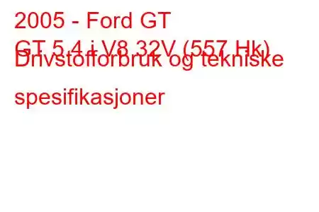 2005 - Ford GT
GT 5.4 i V8 32V (557 Hk) Drivstofforbruk og tekniske spesifikasjoner