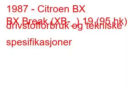 1987 - Citroen BX
BX Break (XB-_) 19 (95 hk) drivstofforbruk og tekniske spesifikasjoner