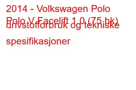 2014 - Volkswagen Polo
Polo V Facelift 1.0 (75 hk) drivstofforbruk og tekniske spesifikasjoner