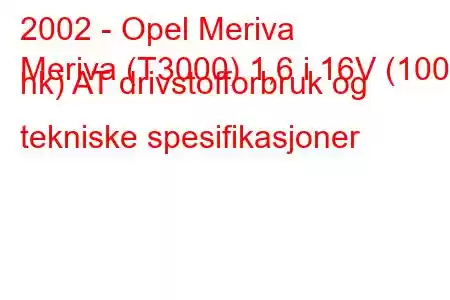 2002 - Opel Meriva
Meriva (T3000) 1,6 i 16V (100 hk) AT drivstofforbruk og tekniske spesifikasjoner