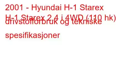 2001 - Hyundai H-1 Starex
H-1 Starex 2.4 i 4WD (110 hk) drivstofforbruk og tekniske spesifikasjoner