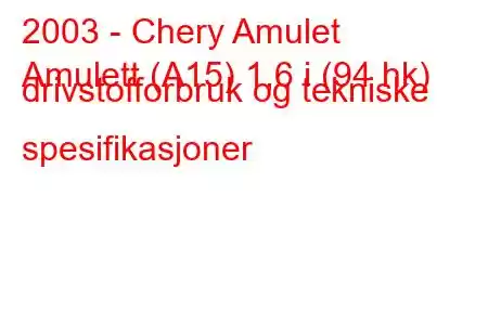 2003 - Chery Amulet
Amulett (A15) 1,6 i (94 hk) drivstofforbruk og tekniske spesifikasjoner