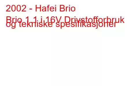 2002 - Hafei Brio
Brio 1.1 i 16V Drivstofforbruk og tekniske spesifikasjoner