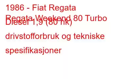 1986 - Fiat Regata
Regata Weekend 80 Turbo Diesel 1,9 (80 hk) drivstofforbruk og tekniske spesifikasjoner