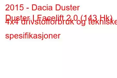 2015 - Dacia Duster
Duster I Facelift 2.0 (143 Hk) 4x4 drivstofforbruk og tekniske spesifikasjoner