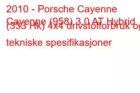 2010 - Porsche Cayenne
Cayenne (958) 3.0 AT Hybrid (333 Hk) 4x4 drivstofforbruk og tekniske spesifikasjoner