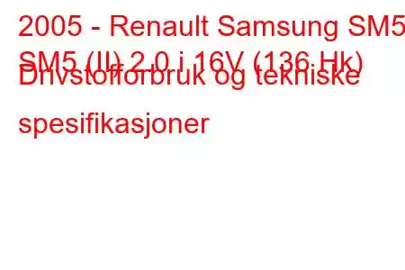 2005 - Renault Samsung SM5
SM5 (II) 2.0 i 16V (136 Hk) Drivstofforbruk og tekniske spesifikasjoner