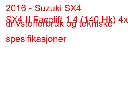 2016 - Suzuki SX4
SX4 II Facelift 1.4 (140 Hk) 4x4 drivstofforbruk og tekniske spesifikasjoner