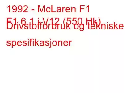 1992 - McLaren F1
F1 6.1 i V12 (550 Hk) Drivstofforbruk og tekniske spesifikasjoner