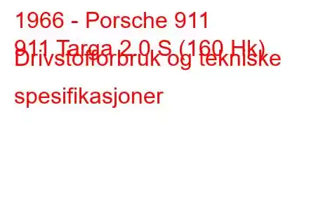 1966 - Porsche 911
911 Targa 2.0 S (160 Hk) Drivstofforbruk og tekniske spesifikasjoner