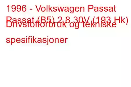 1996 - Volkswagen Passat
Passat (B5) 2,8 30V (193 Hk) Drivstofforbruk og tekniske spesifikasjoner