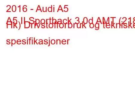 2016 - Audi A5
A5 II Sportback 3.0d AMT (218 Hk) Drivstofforbruk og tekniske spesifikasjoner