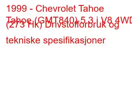 1999 - Chevrolet Tahoe
Tahoe (GMT840) 5.3 i V8 4WD (273 Hk) Drivstofforbruk og tekniske spesifikasjoner