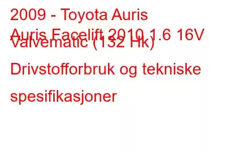 2009 - Toyota Auris
Auris Facelift 2010 1.6 16V Valvematic (132 Hk) Drivstofforbruk og tekniske spesifikasjoner