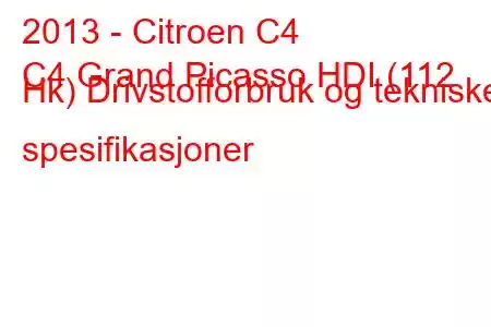 2013 - Citroen C4
C4 Grand Picasso HDI (112 Hk) Drivstofforbruk og tekniske spesifikasjoner