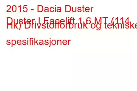 2015 - Dacia Duster
Duster I Facelift 1,6 MT (114 Hk) Drivstofforbruk og tekniske spesifikasjoner