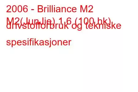 2006 - Brilliance M2
M2(JunJie) 1,6 (100 hk) drivstofforbruk og tekniske spesifikasjoner