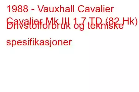 1988 - Vauxhall Cavalier
Cavalier Mk III 1.7 TD (82 Hk) Drivstofforbruk og tekniske spesifikasjoner