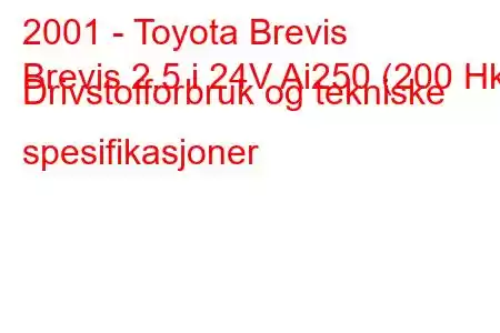 2001 - Toyota Brevis
Brevis 2.5 i 24V Ai250 (200 Hk) Drivstofforbruk og tekniske spesifikasjoner