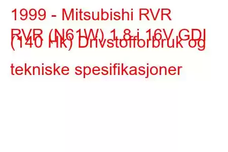 1999 - Mitsubishi RVR
RVR (N61W) 1,8 i 16V GDI (140 Hk) Drivstofforbruk og tekniske spesifikasjoner