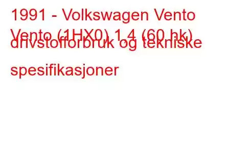 1991 - Volkswagen Vento
Vento (1HX0) 1,4 (60 hk) drivstofforbruk og tekniske spesifikasjoner