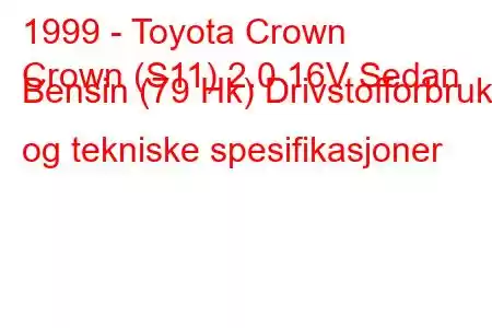 1999 - Toyota Crown
Crown (S11) 2.0 16V Sedan Bensin (79 Hk) Drivstofforbruk og tekniske spesifikasjoner