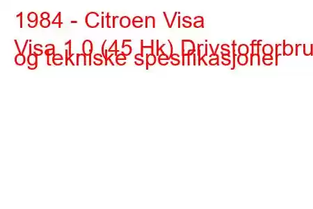 1984 - Citroen Visa
Visa 1.0 (45 Hk) Drivstofforbruk og tekniske spesifikasjoner