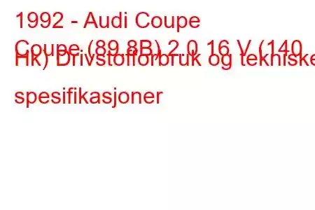 1992 - Audi Coupe
Coupe (89.8B) 2.0 16 V (140 Hk) Drivstofforbruk og tekniske spesifikasjoner