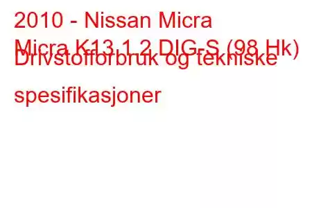 2010 - Nissan Micra
Micra K13 1.2 DIG-S (98 Hk) Drivstofforbruk og tekniske spesifikasjoner