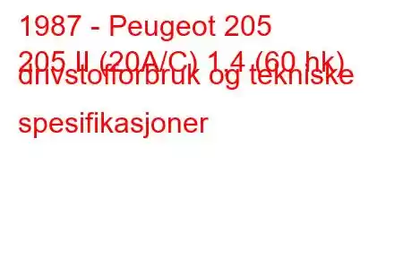 1987 - Peugeot 205
205 II (20A/C) 1,4 (60 hk) drivstofforbruk og tekniske spesifikasjoner