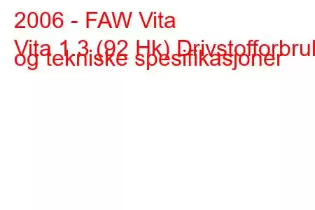 2006 - FAW Vita
Vita 1.3 (92 Hk) Drivstofforbruk og tekniske spesifikasjoner