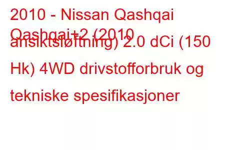 2010 - Nissan Qashqai
Qashqai+2 (2010 ansiktsløftning) 2.0 dCi (150 Hk) 4WD drivstofforbruk og tekniske spesifikasjoner