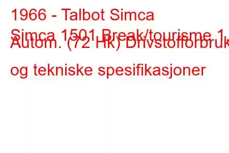 1966 - Talbot Simca
Simca 1501 Break/tourisme 1.5 Autom. (72 Hk) Drivstofforbruk og tekniske spesifikasjoner