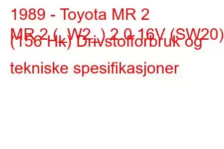 1989 - Toyota MR 2
MR 2 (_W2_) 2.0 16V (SW20) (156 Hk) Drivstofforbruk og tekniske spesifikasjoner