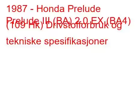 1987 - Honda Prelude
Prelude III (BA) 2.0 EX (BA4) (109 Hk) Drivstofforbruk og tekniske spesifikasjoner