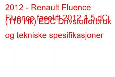 2012 - Renault Fluence
Fluence facelift 2012 1,5 dCi (110 Hk) EDC Drivstofforbruk og tekniske spesifikasjoner