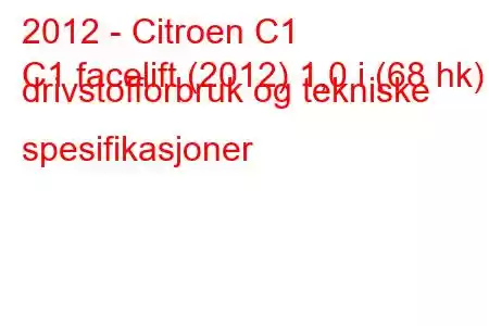 2012 - Citroen C1
C1 facelift (2012) 1,0 i (68 hk) drivstofforbruk og tekniske spesifikasjoner