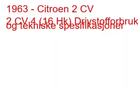 1963 - Citroen 2 CV
2 CV 4 (16 Hk) Drivstofforbruk og tekniske spesifikasjoner