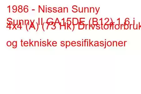 1986 - Nissan Sunny
Sunny II GA15DE (B12) 1,6 i 4x4 (A) (73 Hk) Drivstofforbruk og tekniske spesifikasjoner