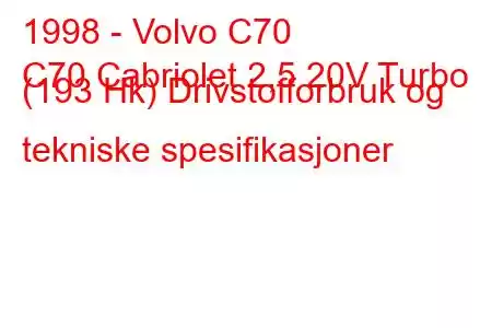 1998 - Volvo C70
C70 Cabriolet 2,5 20V Turbo (193 Hk) Drivstofforbruk og tekniske spesifikasjoner