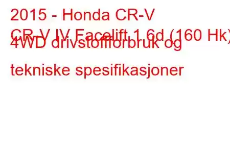 2015 - Honda CR-V
CR-V IV Facelift 1,6d (160 Hk) 4WD drivstoffforbruk og tekniske spesifikasjoner