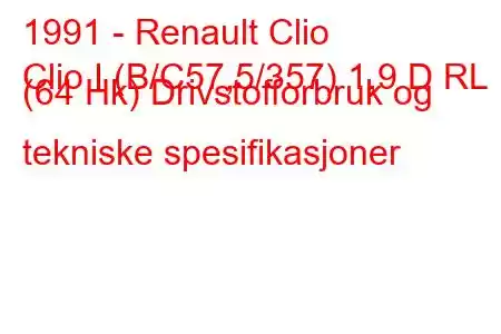 1991 - Renault Clio
Clio I (B/C57,5/357) 1,9 D RL (64 Hk) Drivstofforbruk og tekniske spesifikasjoner