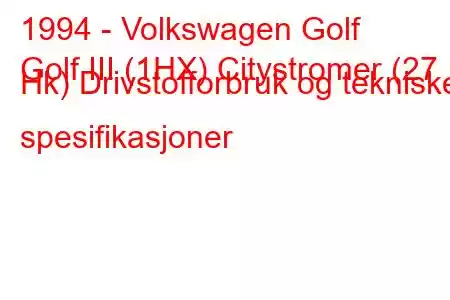 1994 - Volkswagen Golf
Golf III (1HX) Citystromer (27 Hk) Drivstofforbruk og tekniske spesifikasjoner