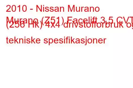 2010 - Nissan Murano
Murano (Z51) Facelift 3,5 CVT (256 Hk) 4x4 drivstofforbruk og tekniske spesifikasjoner