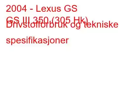 2004 - Lexus GS
GS III 350 (305 Hk) Drivstofforbruk og tekniske spesifikasjoner