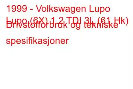 1999 - Volkswagen Lupo
Lupo (6X) 1.2 TDI 3L (61 Hk) Drivstofforbruk og tekniske spesifikasjoner