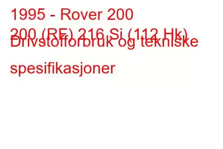 1995 - Rover 200
200 (RF) 216 Si (112 Hk) Drivstofforbruk og tekniske spesifikasjoner