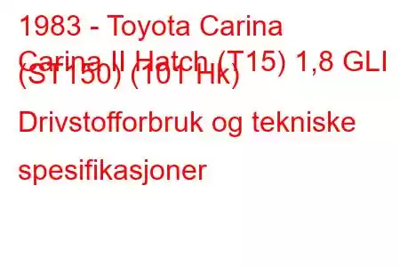 1983 - Toyota Carina
Carina II Hatch (T15) 1,8 GLI (ST150) (101 Hk) Drivstofforbruk og tekniske spesifikasjoner